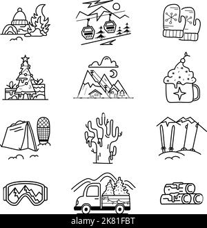 Weihnachten Camping-Ikonen und Elemente in Linie Art-Stil. Silhouette Reise Symbole icluding Zelt, weihnachtsbäume, Geschenk-Boxen. Stock-Vektorgrafiken Stock Vektor
