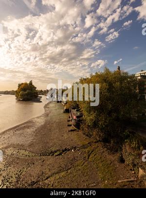 Blick von der Kew Bridge über die Themse, Kew, West London, Großbritannien, mit Brentford Ait Stockfoto