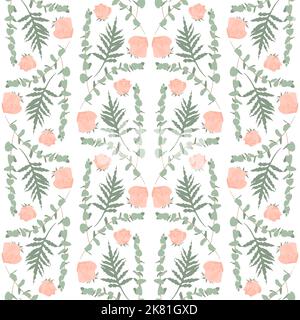 Nahtloses Boho-Muster mit Eukalyptus, Rosenblüten und Palmblättern Stock Vektor