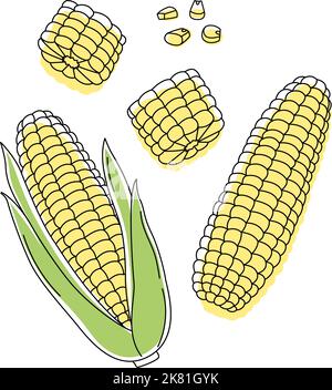 Doodle Outline Set ganze, Stücke und Körner Mais mit Punkt. Vektorgrafik handgezeichnete Illustration zum Verpacken isoliert auf transparentem Hintergrund Stock Vektor