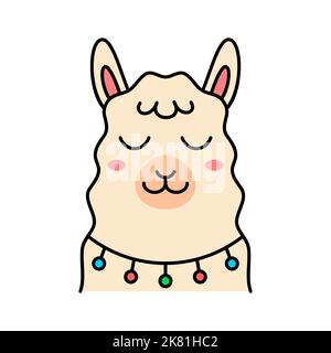 Netter lama lächelt. Cartoon Figur Tier. Lama-Gesicht mit dekorativer Halskette. Kawaii Zeichnung mit einem Umriss. Kinder drucken Design-Element Vektor Stock Vektor
