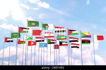 Liga der Arabischen Staaten, die Flaggen der 22 arabischen Länder kräuseln am Himmel mit der Flagge der Liga der Arabischen Staaten Stockfoto