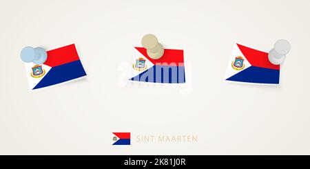 Fahne von Sint Maarten in verschiedenen Formen mit verdrehten Ecken. Vector-Pushpins Draufsicht. Flag gesetzt. Stock Vektor