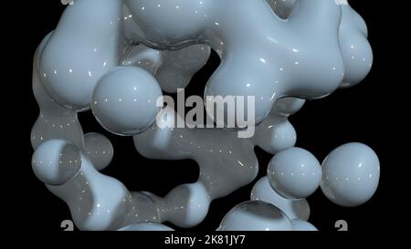 3D Rendering abstraktes künstlerisches surreales Objekt basierend auf metabolischen Sphären im Prozess der Verschmelzung. Flüssigkeitsmorphing. Streuen, Verschmelzen und Überlaufen Stockfoto