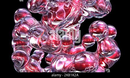 3D Rendering abstraktes künstlerisches surreales Objekt basierend auf metabolischen Sphären im Prozess der Verschmelzung. Flüssigkeitsmorphing. Streuen, Verschmelzen und Überlaufen Stockfoto
