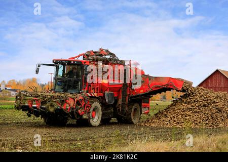 Der Landwirt entlädt die geernteten Zuckerrüben aus dem Rübenerntertank Holmer Terra Dos T3 auf einen Haufen am Rande des Feldes. Salo, Finnland. 13. Oktober 2022. Stockfoto