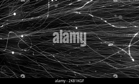 3D die Wiedergabe heller Teilchen füllt den Raum mit Energie- und Lichtstrahlen. Glänzender abstrakter Hintergrund für helle Dekoration Stockfoto