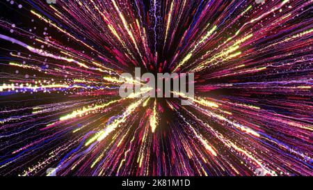 3D die Wiedergabe heller, mehrfarbiger Partikel füllt den Raum mit Energie- und Lichtstrahlen Stockfoto