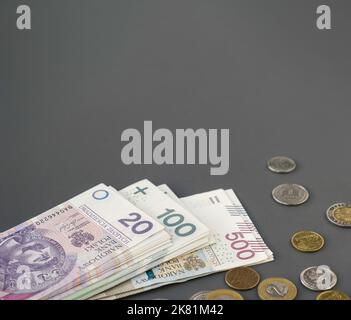 Polnisches Bargeld Zloty kopieren Raum Finanzkonzept. Bargeld ist Müll. Stockfoto