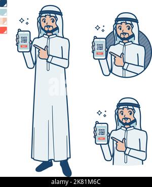 Ein arabischer Mann in weißem Kostüm mit bargeldloser Zahlung auf Smartphone-Bildern.Es ist Vektorgrafik, so ist es einfach zu bearbeiten. Stock Vektor