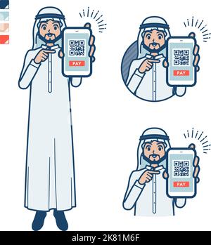 Ein arabischer Mann in weißem Kostüm mit bargeldloser Zahlung auf Smartphone-Bildern.Es ist Vektorgrafik, so ist es einfach zu bearbeiten. Stock Vektor