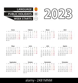 Kalender 2023 in spanischer Sprache, die Woche beginnt am Montag. Vector Kalender 2023 Jahr. Stock Vektor