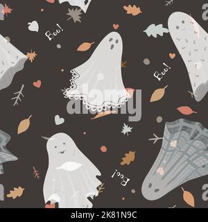 Niedliches Gespenst-Boo-Weihnachtsmotiv mit nahtlosem Muster. Vektor Halloween Illustration auf dunklem Hintergrund. Stock Vektor