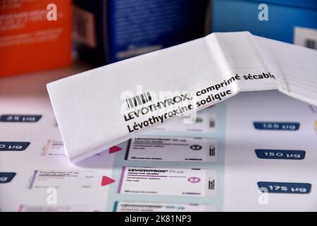 Marseille, Frankreich. 19. Oktober 2022. Das gefaltete Flugblatt des Medikaments Levothyrox wird auf dem Ladentisch einer Apotheke gesehen. Das Pharmaunternehmen Merck, das Levothyrox vermarktet, wurde wegen verstärkter Täuschung im Zusammenhang mit der Änderung der Rezeptur des Medikaments angeklagt. Mehrere tausend Patienten, die mit dieser neuen Formel des bei der Behandlung von Schilddrüsenerkrankungen angegebenen Medikaments behandelt wurden, haben sich über schwere Nebenwirkungen beschwert und eine Beschwerde gegen das deutsche Labor eingereicht. Kredit: SOPA Images Limited/Alamy Live Nachrichten Stockfoto