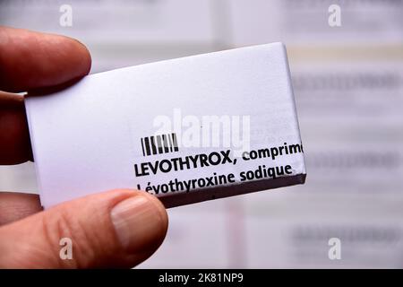 Marseille, Frankreich. 19. Oktober 2022. Das gefaltete Flugblatt des Levothyrox-Medikaments wird in der Hand einer Person gehalten. Das Pharmaunternehmen Merck, das Levothyrox vermarktet, wurde wegen verstärkter Täuschung im Zusammenhang mit der Änderung der Rezeptur des Medikaments angeklagt. Mehrere tausend Patienten, die mit dieser neuen Formel des bei der Behandlung von Schilddrüsenerkrankungen angegebenen Medikaments behandelt wurden, haben sich über schwere Nebenwirkungen beschwert und eine Beschwerde gegen das deutsche Labor eingereicht. Kredit: SOPA Images Limited/Alamy Live Nachrichten Stockfoto