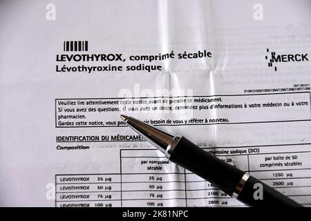 Marseille, Frankreich. 19. Oktober 2022. Ein Kugelschreiber wird gesehen, der auf der ausgeklappten Broschüre des Medikaments Levothyrox ruht. Das Pharmaunternehmen Merck, das Levothyrox vermarktet, wurde wegen verstärkter Täuschung im Zusammenhang mit der Änderung der Rezeptur des Medikaments angeklagt. Mehrere tausend Patienten, die mit dieser neuen Formel des bei der Behandlung von Schilddrüsenerkrankungen angegebenen Medikaments behandelt wurden, haben sich über schwere Nebenwirkungen beschwert und eine Beschwerde gegen das deutsche Labor eingereicht. Kredit: SOPA Images Limited/Alamy Live Nachrichten Stockfoto