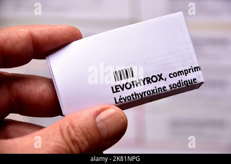 Marseille, Frankreich. 19. Oktober 2022. Das gefaltete Flugblatt des Levothyrox-Medikaments wird in der Hand einer Person gehalten. Das Pharmaunternehmen Merck, das Levothyrox vermarktet, wurde wegen verstärkter Täuschung im Zusammenhang mit der Änderung der Rezeptur des Medikaments angeklagt. Mehrere tausend Patienten, die mit dieser neuen Formel des bei der Behandlung von Schilddrüsenerkrankungen angegebenen Medikaments behandelt wurden, haben sich über schwere Nebenwirkungen beschwert und eine Beschwerde gegen das deutsche Labor eingereicht. Kredit: SOPA Images Limited/Alamy Live Nachrichten Stockfoto