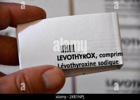 Marseille, Frankreich. 19. Oktober 2022. Das gefaltete Flugblatt des Levothyrox-Medikaments wird in der Hand einer Person gehalten. Das Pharmaunternehmen Merck, das Levothyrox vermarktet, wurde wegen verstärkter Täuschung im Zusammenhang mit der Änderung der Rezeptur des Medikaments angeklagt. Mehrere tausend Patienten, die mit dieser neuen Formel des bei der Behandlung von Schilddrüsenerkrankungen angegebenen Medikaments behandelt wurden, haben sich über schwere Nebenwirkungen beschwert und eine Beschwerde gegen das deutsche Labor eingereicht. Kredit: SOPA Images Limited/Alamy Live Nachrichten Stockfoto