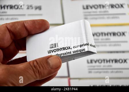 Marseille, Frankreich. 19. Oktober 2022. Das gefaltete Flugblatt des Levothyrox-Medikaments wird in der Hand einer Person gehalten. Das Pharmaunternehmen Merck, das Levothyrox vermarktet, wurde wegen verstärkter Täuschung im Zusammenhang mit der Änderung der Rezeptur des Medikaments angeklagt. Mehrere tausend Patienten, die mit dieser neuen Formel des bei der Behandlung von Schilddrüsenerkrankungen angegebenen Medikaments behandelt wurden, haben sich über schwere Nebenwirkungen beschwert und eine Beschwerde gegen das deutsche Labor eingereicht. (Foto von Gerard Bottino/SOPA Images/Sipa USA) Quelle: SIPA USA/Alamy Live News Stockfoto