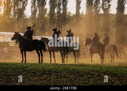 Ungarischer Reiter reitet fünf Pferde. Er trägt die traditionelle ungarische Nationaltracht für die Pferdeshow, SALFÖLD, UNGARN - 10. AUGUST 2005. Stockfoto