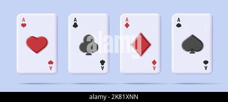 Spielkarten 3D Set, Asse aller vier Farben, Diamanten, Pik, Herzen, Keulen, Isolierter Vektor rendern Stock Vektor