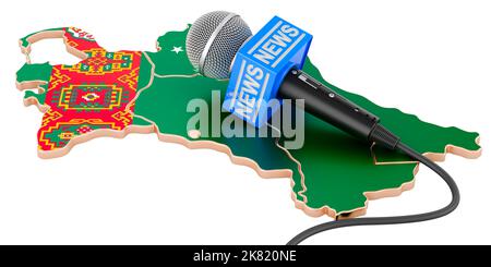 Turkmen News Konzept, Mikrofon Nachrichten auf der Karte von Turkmenistan. 3D Darstellung isoliert auf weißem Hintergrund Stockfoto