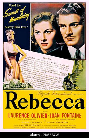 Joan Fontaine & Laurence Olivier Poster Film: Rebecca (1940) Charaktere: Die zweite Frau de Winter, George Fortescue Maximilian 'Maxim' de Winter Regie: Alfred Hitchcock 27 March 1940 **WARNUNG** Dieses Foto ist nur für den redaktionellen Gebrauch bestimmt und unterliegt dem Copyright von UNITED ARTISTS und/oder The Photographer, die von der Film oder Production Company beauftragt wurden.Es kann nur von Publikationen im Zusammenhang mit der Bewerbung des oben genannten Films reproduziert werden. Eine obligatorische Gutschrift für UNITED ARTISTS ist erforderlich. Der Fotograf sollte auch bei Bekanntwerden des Fotos gutgeschrieben werden. Ohne schriftliche Genehmigung kann keine kommerzielle Nutzung gewährt werden Stockfoto