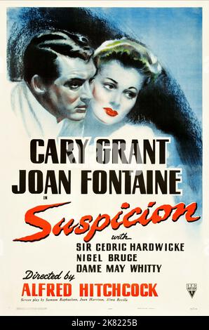 Cary Grant & Joan Fontaine Poster Film: Suspicion (1940) Charaktere: Johnnie, Lina Regie: Alfred Hitchcock 14. November 1941 **WARNUNG** Dieses Foto ist nur für redaktionelle Zwecke bestimmt und unterliegt dem Copyright von RKO und/oder dem von der Film- oder Produktionsfirma beauftragten Fotografen.Es kann nur von Publikationen im Zusammenhang mit der Bewerbung des oben genannten Films reproduziert werden. Eine obligatorische Gutschrift an RKO ist erforderlich. Der Fotograf sollte auch bei Bekanntwerden des Fotos gutgeschrieben werden. Ohne schriftliche Genehmigung der Film Company kann keine kommerzielle Nutzung gewährt werden. Stockfoto