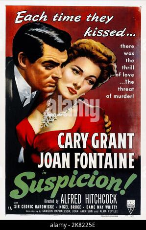 Cary Grant & Joan Fontaine Poster Film: Suspicion (1941) Charaktere: Johnnie, Lina Regie: Alfred Hitchcock 14. November 1941 **WARNUNG** Dieses Foto ist nur für redaktionelle Zwecke bestimmt und unterliegt dem Copyright von RKO und/oder dem von der Film- oder Produktionsfirma beauftragten Fotografen.Es kann nur von Publikationen im Zusammenhang mit der Bewerbung des oben genannten Films reproduziert werden. Eine obligatorische Gutschrift an RKO ist erforderlich. Der Fotograf sollte auch bei Bekanntwerden des Fotos gutgeschrieben werden. Ohne schriftliche Genehmigung der Film Company kann keine kommerzielle Nutzung gewährt werden. Stockfoto