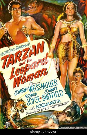 Johnny Weissmuller, Brenda Joyce & Johnny Sheffield Movie Poster Film: Tarzan and the Leopard Woman (USA 1946) Regie: Kurt Neumann 08. Januar 1946 **WARNUNG** Dieses Foto ist nur für redaktionelle Zwecke bestimmt und unterliegt dem Copyright von RKO und/oder des Fotografen, der von der Film- oder Produktionsfirma beauftragt wurde und darf nur durch Publikationen im Zusammenhang mit der Bewerbung des oben genannten Films reproduziert werden. Eine obligatorische Gutschrift an RKO ist erforderlich. Der Fotograf sollte auch bei Bekanntwerden des Fotos gutgeschrieben werden. Ohne schriftliche Genehmigung der Film Company kann keine kommerzielle Nutzung gewährt werden. Stockfoto