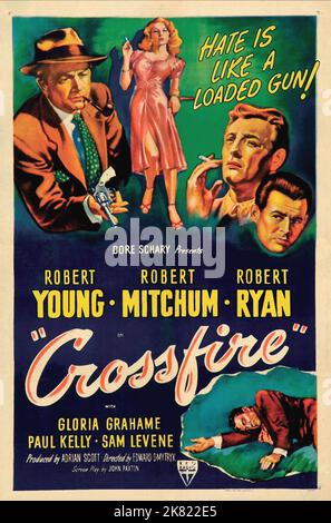 Filmposter Film Crossfire (1941) Regie: Edward Dmytryk 22. Juli 1947 **WARNUNG** dieses Foto ist nur für redaktionelle Zwecke bestimmt und unterliegt dem Urheberrecht von RKO und/oder dem von der Film- oder Produktionsgesellschaft beauftragten Fotografen und kann nur durch Veröffentlichungen in Verbindung mit der Werbung für den oben genannten Film reproduziert werden. Eine obligatorische Gutschrift an RKO ist erforderlich. Der Fotograf sollte ebenfalls angerechnet werden, wenn er bekannt ist. Ohne schriftliche Genehmigung der Film Company kann keine kommerzielle Nutzung gewährt werden. Stockfoto