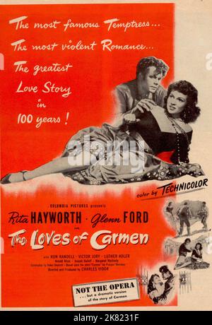 Glenn Ford & Rita Hayworth Poster Film: The Loves Of Carmen (1942) Charaktere: Don Jose & Regie: Charles Vidor 23. August 1948 **WARNUNG** Dieses Foto ist nur für redaktionelle Zwecke bestimmt und unterliegt dem Copyright von COLUMBIA und/oder des Fotografen, der von der Film- oder Produktionsfirma beauftragt wurde, und kann nur von Publikationen im Zusammenhang mit der Bewerbung des oben genannten Films reproduziert werden. Eine obligatorische Gutschrift an COLUMBIA ist erforderlich. Der Fotograf sollte auch bei Bekanntwerden des Fotos gutgeschrieben werden. Ohne schriftliche Genehmigung der Film Company kann keine kommerzielle Nutzung gewährt werden. Stockfoto