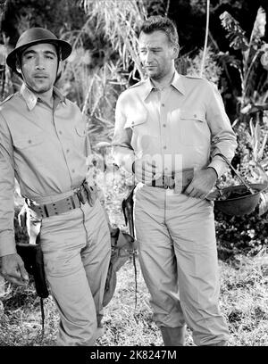 Anthony Quinn & John Wayne Film: Back to Bataan (USA 1945) Charaktere: Capt. Andres Bonifacio, Col. Joseph Madden Regie: Edward Dmytryk 31 May 1945 **WARNUNG** Dieses Foto ist nur für den redaktionellen Gebrauch bestimmt und unterliegt dem Copyright von RKO-BILDERN und/oder dem Fotografen, der von der Film- oder Produktionsfirma beauftragt wurde.Es kann nur von Publikationen im Zusammenhang mit der Bewerbung des oben genannten Films reproduziert werden. Eine obligatorische Gutschrift für RKO-BILDER ist erforderlich. Der Fotograf sollte auch bei Bekanntwerden des Fotos gutgeschrieben werden. Ohne schriftliche Genehmigung der Film Company kann keine kommerzielle Nutzung gewährt werden. Stockfoto