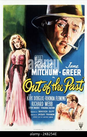 Jane Greer, Robert Mitchum & Kirk Douglas Film: Out of the Past; Build My Gallows High (USA 1947) Charaktere: Kathie, Jeff, Whit Regie: Jacques Tourneur 13 November 1947 **WARNUNG** Dieses Foto ist nur für redaktionelle Zwecke bestimmt und unterliegt dem Copyright von RKO und/oder dem von der Film- oder Produktionsfirma beauftragten Fotografen.Es kann nur von Publikationen im Zusammenhang mit der Bewerbung des oben genannten Films reproduziert werden. Eine obligatorische Gutschrift an RKO ist erforderlich. Der Fotograf sollte auch bei Bekanntwerden des Fotos gutgeschrieben werden. Ohne schriftliche Genehmigung der Film Company kann keine kommerzielle Nutzung gewährt werden. Stockfoto