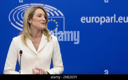 Straßburg (Elsass, Nordostfrankreich), 18. Januar 2022: Erste Rede von Roberta Metsola, neu gewählte Präsidentin des Europäischen Parlaments Stockfoto