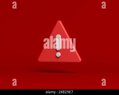 Rotes Warnschild auf rotem Hintergrund. Ausrufezeichen. Symbol für das Hinweisschild. Gefahrensymbol. 3D Abbildung. Stockfoto