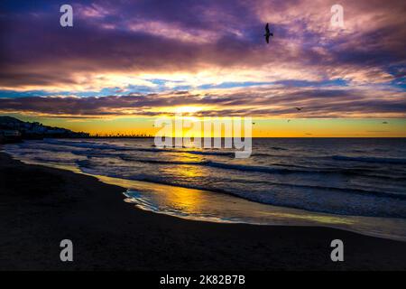 Unglaublich schöner, bester orangefarbener Sonnenaufgang am Mittelmeer in Sitges. Meer, Himmel mit Wolken, Vögel und Horizont Stockfoto