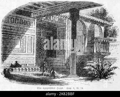 Ein egytisches Haus, Altes Testament, zweites Buch Mose, Genesis, Kapitel 1, Vers 14, historische Illustration 1850 Stockfoto