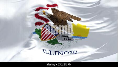 Nahaufnahme der Staatsflagge von Illinois, die an einem klaren Tag im Wind winkt. Illinois ist ein Staat im Mittleren Westen der Vereinigten Staaten. US-Flagge. 3D ren Stockfoto