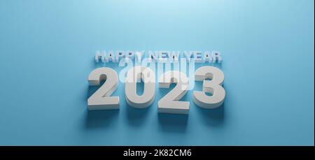 2023 Neujahrs-Konzept blauer Farbhintergrund mit 3D Buchstaben Stockfoto