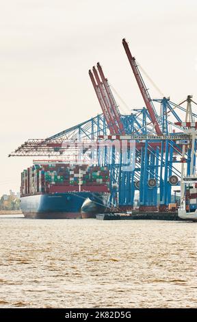 Hamburg, Deutschland. 20. Oktober 2022. Blick auf die Krane und ein Containerschiff im Hamburger Hafen am Tollerort-Terminal der HHLA. Quelle: Georg Wendt/dpa/Alamy Live News Stockfoto