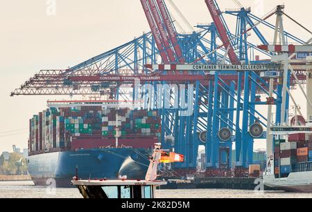 Hamburg, Deutschland. 20. Oktober 2022. Ein Passagierschiff passiert die Krane und Containerschiffe im Hamburger Hafen am Tollerort-Terminal der HHLA. Quelle: Georg Wendt/dpa/Alamy Live News Stockfoto