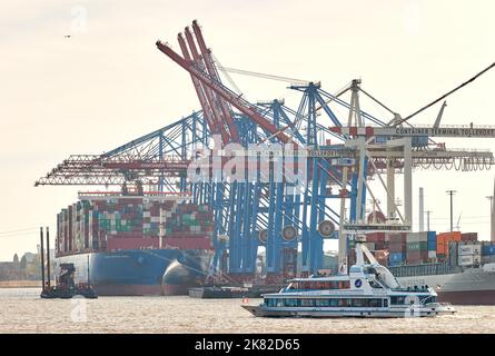 Hamburg, Deutschland. 20. Oktober 2022. Ein Hafenkreuzfahrtschiff passiert die Krane und Containerschiffe im Hamburger Hafen am Tollerort-Terminal der HHLA. Quelle: Georg Wendt/dpa/Alamy Live News Stockfoto