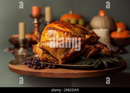 Gebutterter Thanksgiving-truthahn, der auf einem Teller mit grünem Gemüse auf einem Holztisch mit verschwommenem Hintergrund liegt Stockfoto