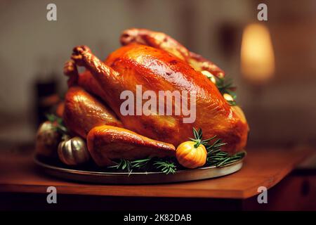 Gebutterter Thanksgiving-truthahn, der auf einem Teller mit grünem Gemüse auf einem Holztisch mit verschwommenem Hintergrund liegt Stockfoto