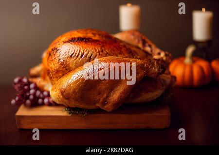 Gebutterter Thanksgiving-truthahn, der auf einem Teller mit grünem Gemüse auf einem Holztisch mit verschwommenem Hintergrund liegt Stockfoto