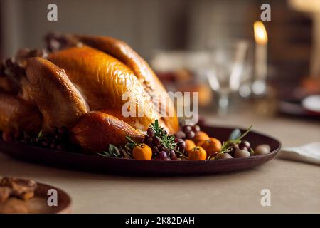 Gebutterter Thanksgiving-truthahn, der auf einem Teller mit grünem Gemüse auf einem Holztisch mit verschwommenem Hintergrund liegt Stockfoto