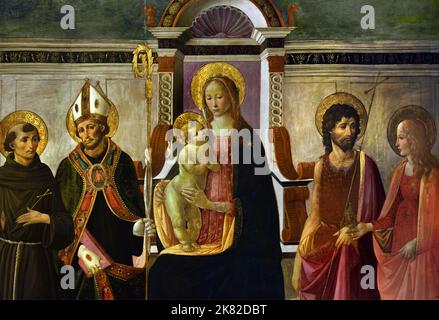 Thronende Madonna mit Kind und den Heiligen Franziskus, Ludwig von Toulouse, Johannes dem Täufer und Magdalena 1470 Gherardo di Giovanni di Miniato del Fora (1445–1497) war ein italienischer Maler. Italien Stockfoto