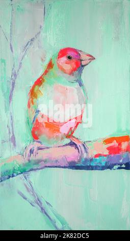 Öl Vogel Portrait Malerei in bunten Tönen. Konzeptuelle abstrakte Malerei eines Vogels. Nahaufnahme eines Gemäldes mit Öl und Palettenmesser auf Leinwand. Stockfoto
