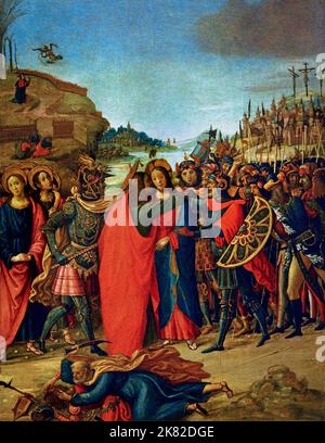 Gefangennahme Christi - die Verhaftung Jesu, 1500 - 10 Maestro di ( Meister von ) 1490-1515 Marradi Florenz Italien Italienisch Florenz, Italien. Die Gruppe der Apostel, die in resignierter Unterwerfung posiert wird, wird von den Soldaten mit offenem Mund gegenübergestellt, ihre Augen entflammen vor Hass, Bemerkenswert ist unter ihnen der linke mit der deformierten Nase und dem runden, obtuse Auge. Diese expressive Charakterisierung der Gesichter, typisch für die Nordmalerei. Stockfoto